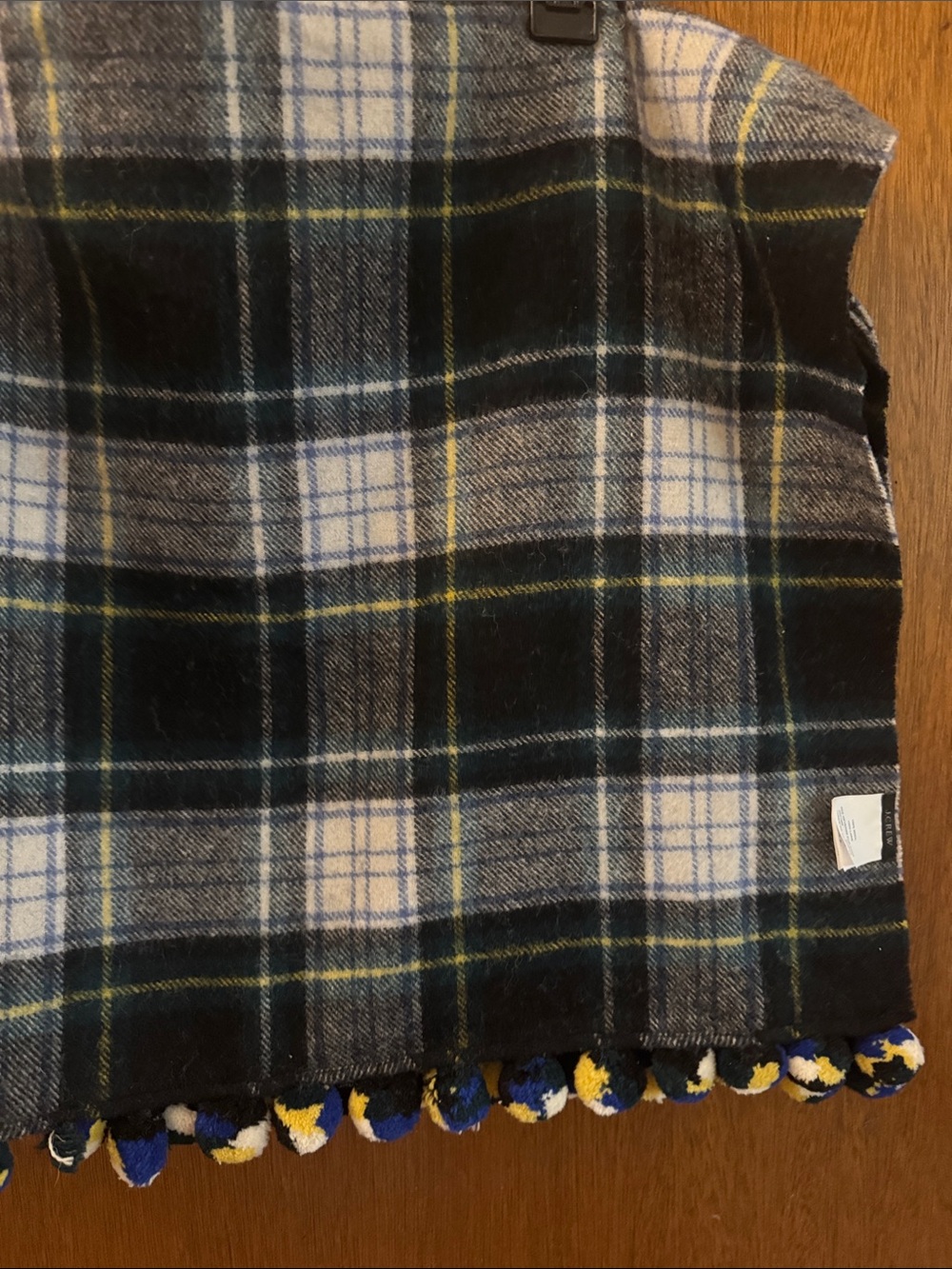 J. Crew Plaid Scarf in Black, Gray, Blue & Yellow with Pom-Pom Trim 100% wool